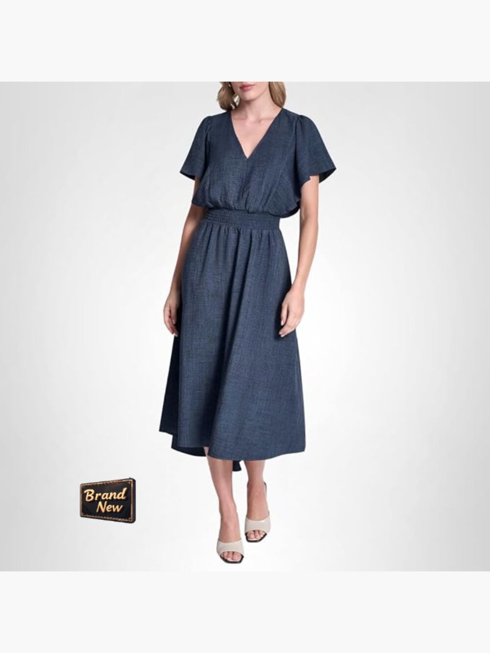 Flutter Sleeve V-Neck Maxi Dress Fit & Flare Stretchy Casual Midi